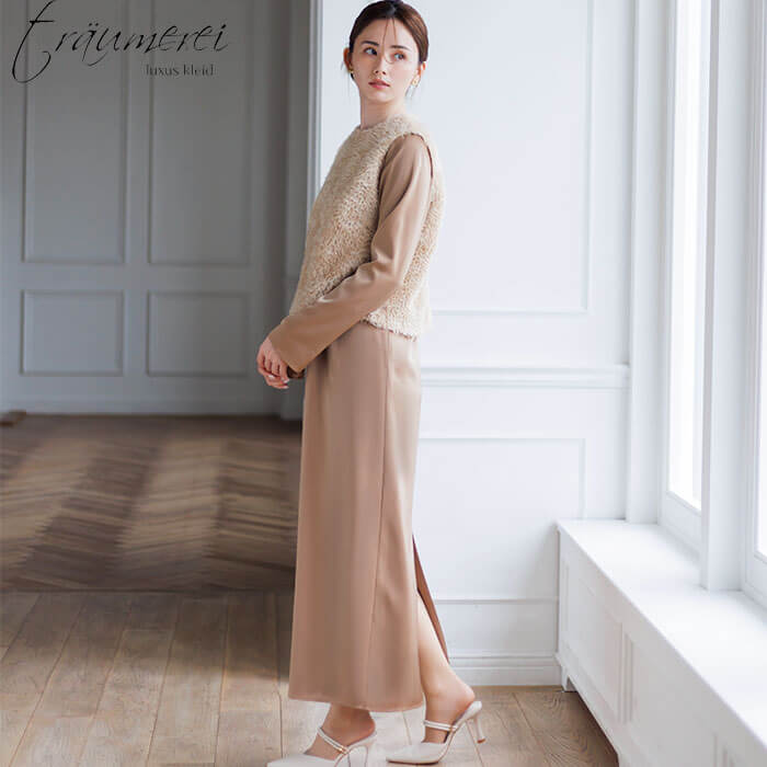 WEB限定｜チュール刺繍ベストとサテンドレスのセットアップ 13号