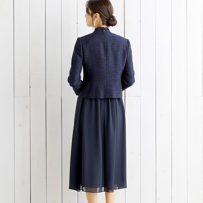 リボンタイ付きワンピのセレモニースーツ 13号・ネイビー｜東京