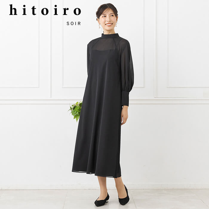 上品な透け感のパフスリーブワンピース 9号・ブラック｜東京ソワール