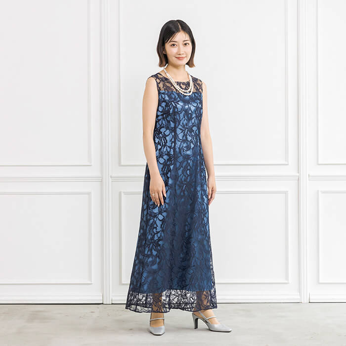 シフォンケープ付きラッセルレースのロングドレス 9号・ネイビー