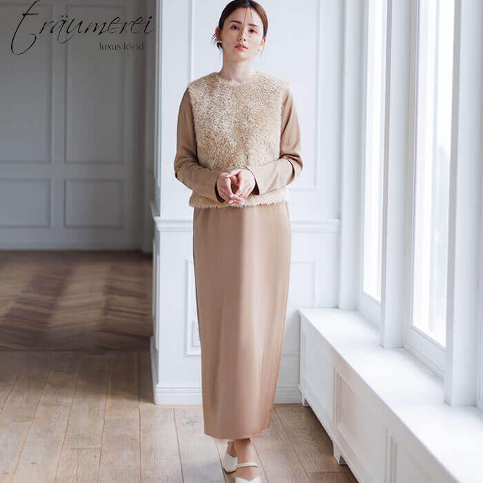 WEB限定｜チュール刺繍ベストとサテンドレスのセットアップ 9号