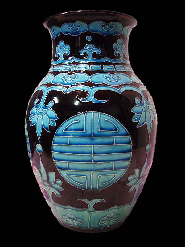 紀州 偕楽園焼 紫交趾 葵紋 大花瓶 高33㎝／ 完品 紀州